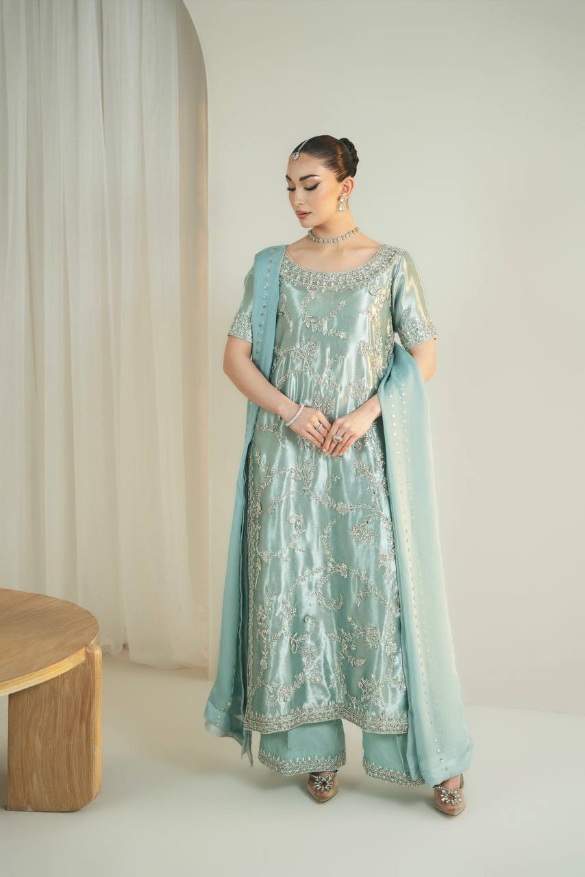 Elegant Ice Blue Embroidered Silk Suit Set for Weddings & Festive Wear