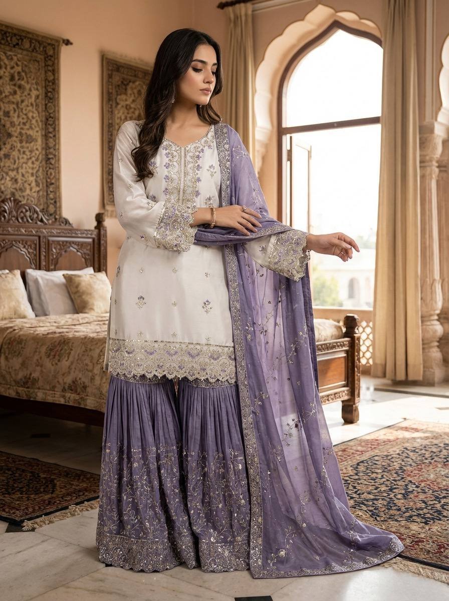 Festive Cream Kurta Sharara Suit Set with Heavy Embroidered Dupatta for Women (Multi-Color Options)