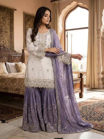 Festive Cream Kurta Sharara Suit Set with Heavy Embroidered Dupatta for Women (Multi-Color Options)