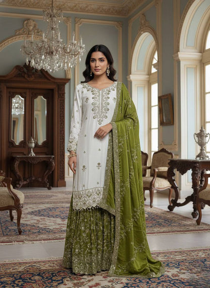 Festive Cream Kurta Sharara Suit Set with Heavy Embroidered Dupatta for Women (Multi-Color Options)