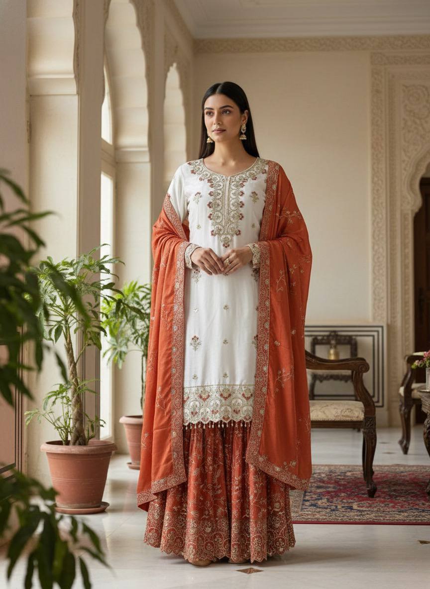 Festive Cream Kurta Sharara Suit Set with Heavy Embroidered Dupatta for Women (Multi-Color Options)