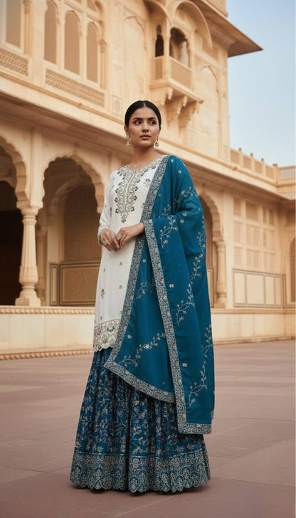 Festive Cream Kurta Sharara Suit Set with Heavy Embroidered Dupatta for Women (Multi-Color Options)