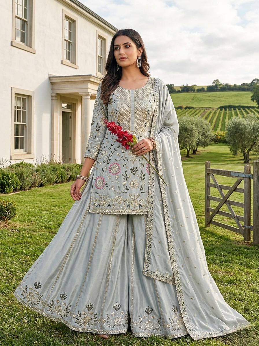 Pastel Embroidered Chiffon/Georgette Straight Kurti Sharara Suit Set for Festive & Wedding Wear