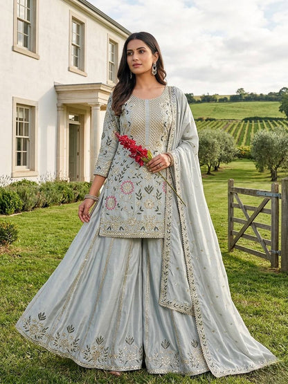 Pastel Embroidered Chiffon/Georgette Straight Kurti Sharara Suit Set for Festive & Wedding Wear