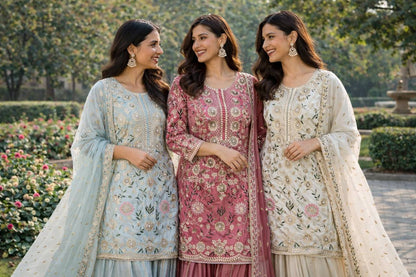 Pastel Embroidered Chiffon/Georgette Straight Kurti Sharara Suit Set for Festive & Wedding Wear