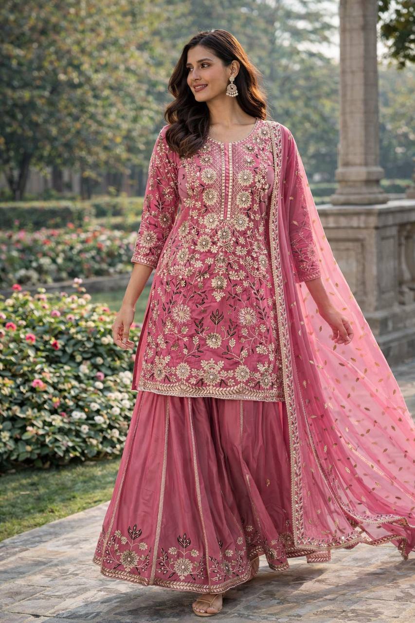 Pastel Embroidered Chiffon/Georgette Straight Kurti Sharara Suit Set for Festive & Wedding Wear