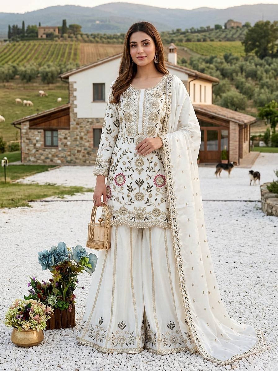 Pastel Embroidered Chiffon/Georgette Straight Kurti Sharara Suit Set for Festive & Wedding Wear