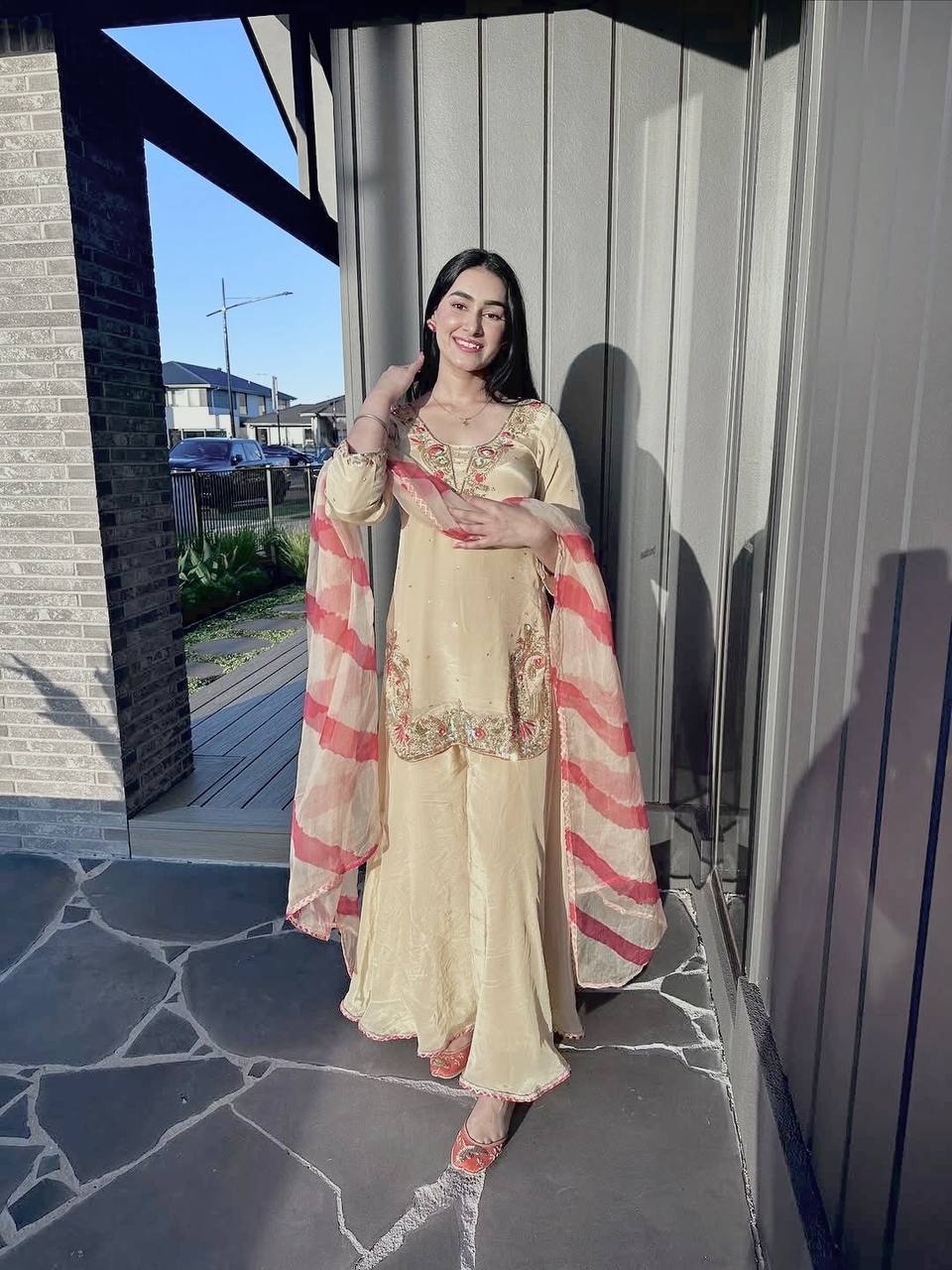 Festive Beige Silk Suit Set with Pink Embroidered Border & Striped Organza Dupatta