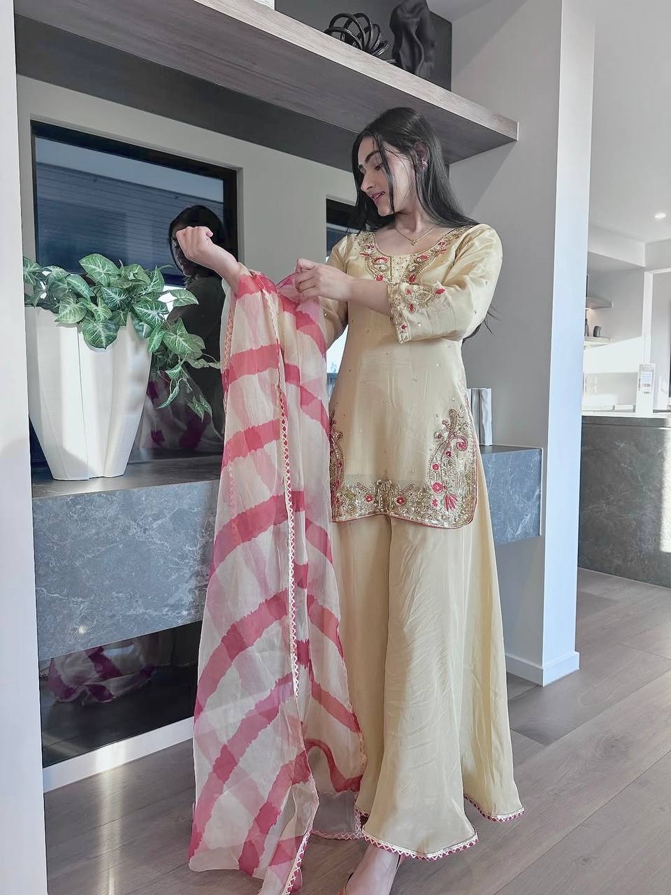 Festive Beige Silk Suit Set with Pink Embroidered Border & Striped Organza Dupatta