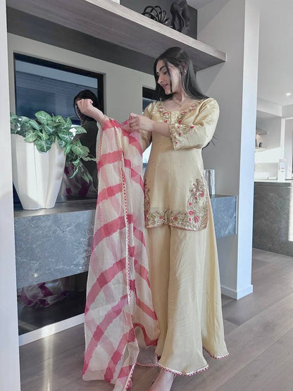 Festive Beige Silk Suit Set with Pink Embroidered Border & Striped Organza Dupatta