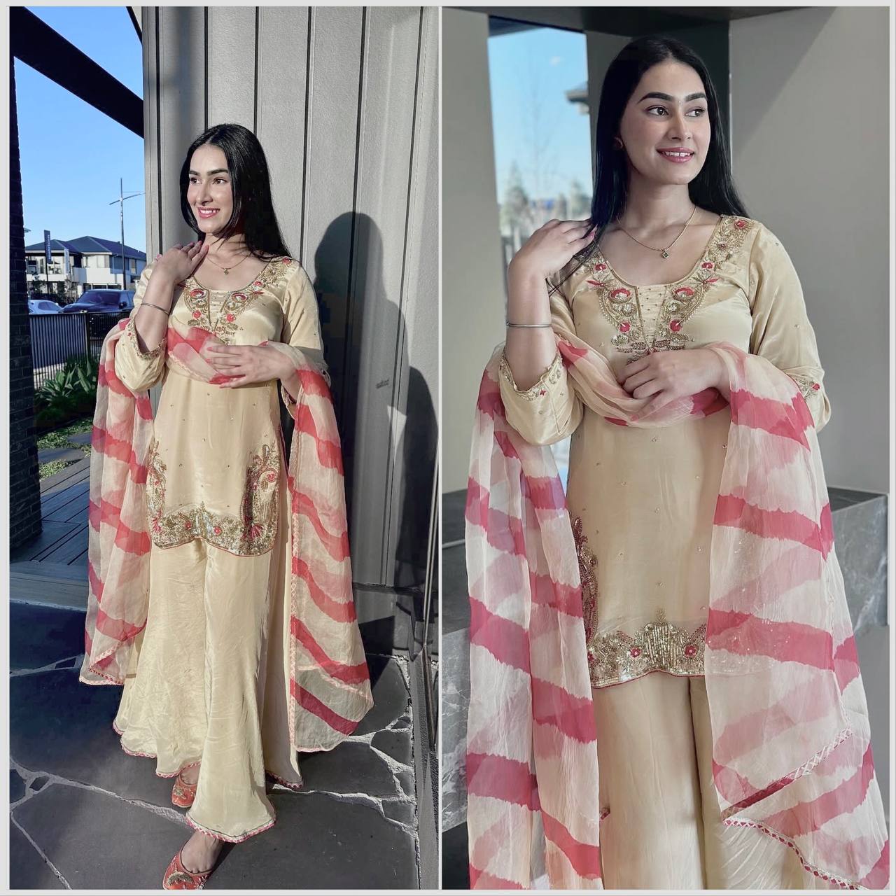 Festive Beige Silk Suit Set with Pink Embroidered Border & Striped Organza Dupatta