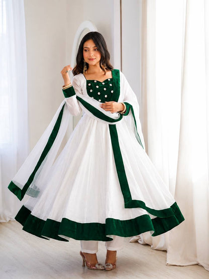 White & Emerald Green Velvet Embellished Anarkali Suit Set with Straight Pants