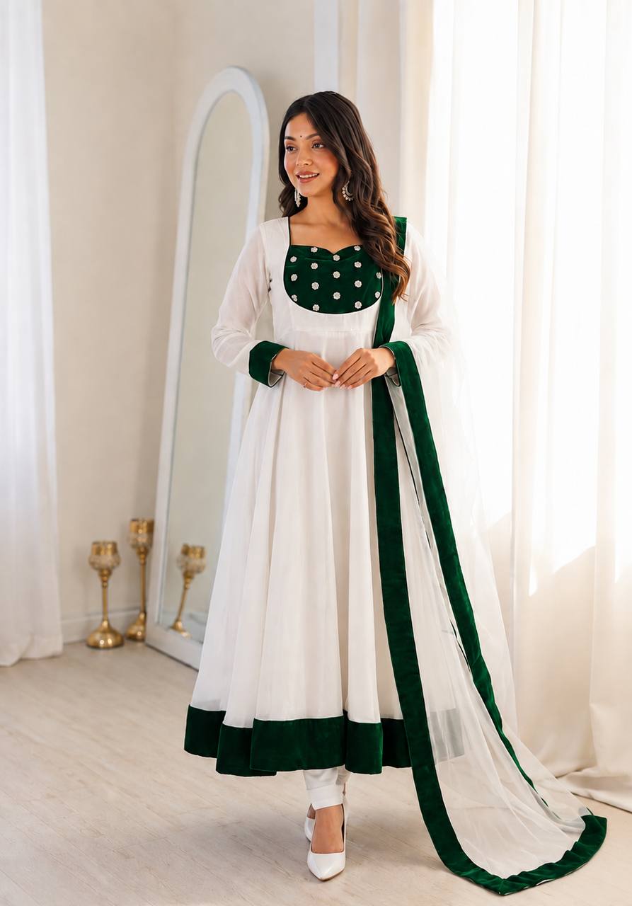 White & Emerald Green Velvet Embellished Anarkali Suit Set with Straight Pants