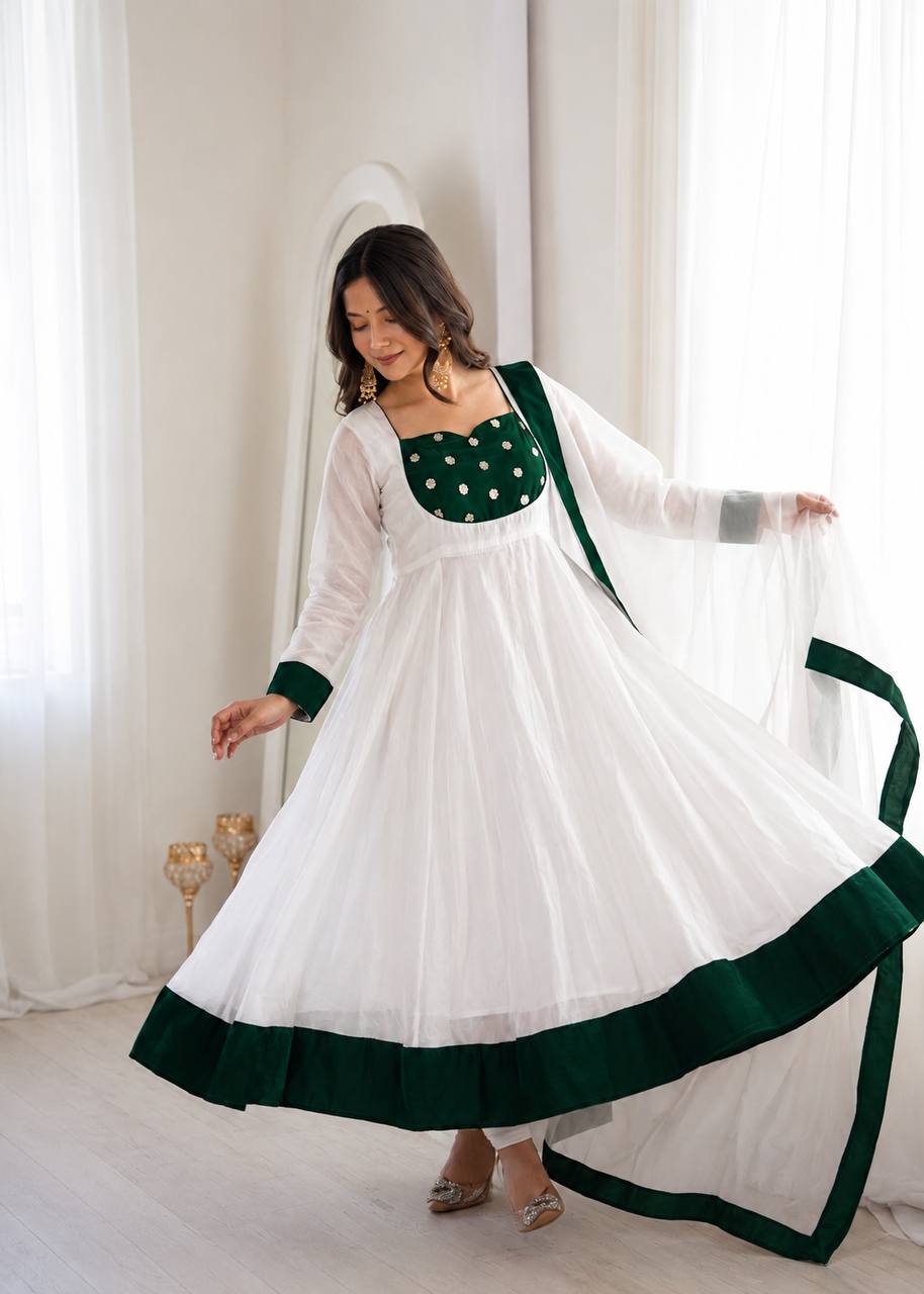 White & Emerald Green Velvet Embellished Anarkali Suit Set with Straight Pants