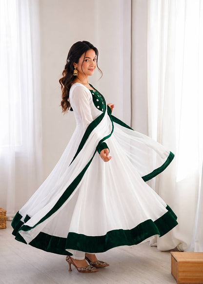 White & Emerald Green Velvet Embellished Anarkali Suit Set with Straight Pants