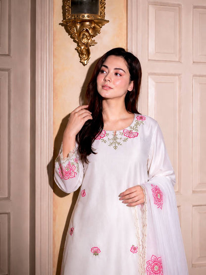 Elegant White & Pink Floral Threadwork Suit Set with Scalloped Border for Women