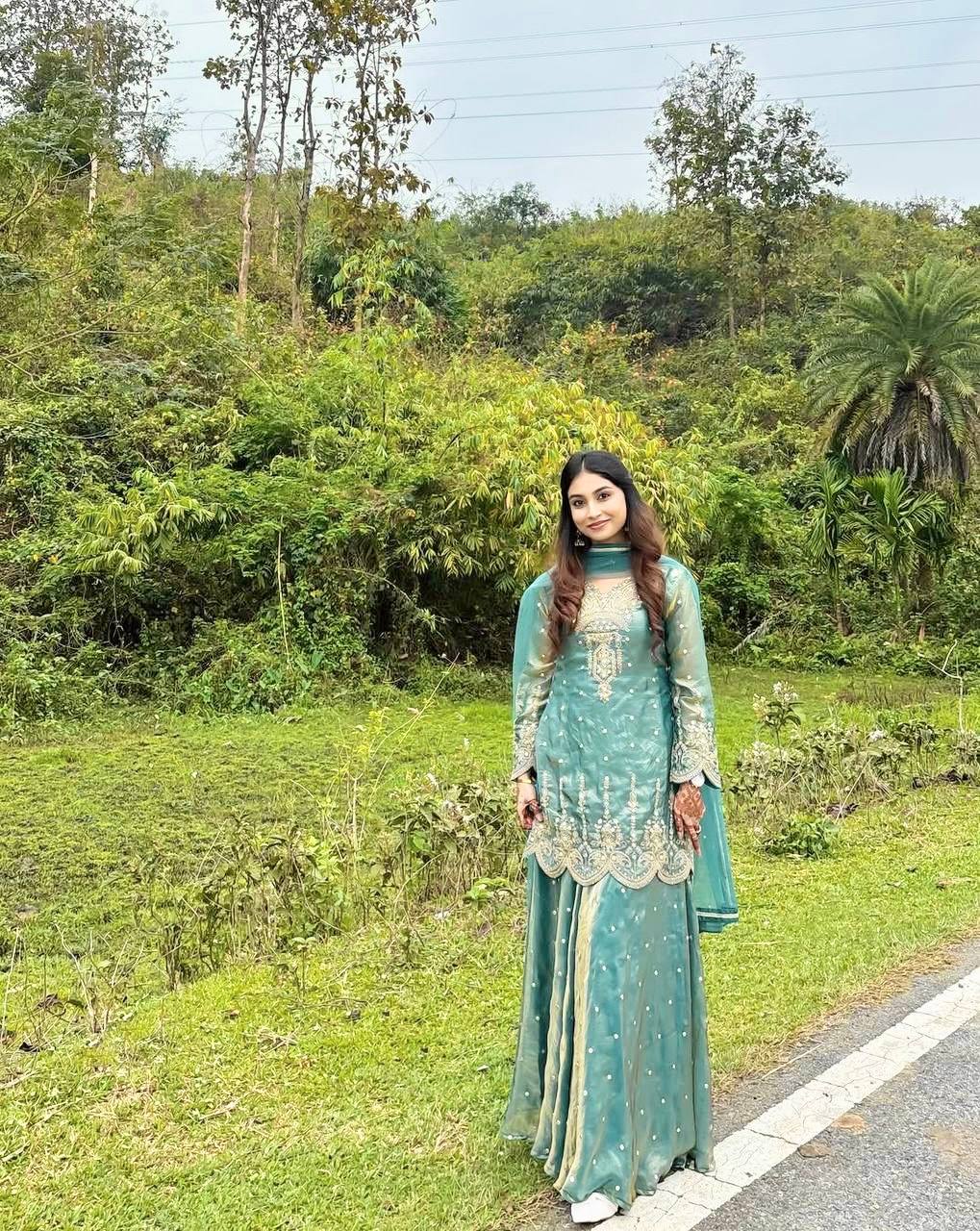 Sea Green Short Kurti with Scalloped Hem Embroidered Sharara Suit Set for Festive Wear