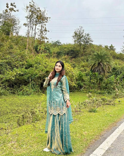 Sea Green Short Kurti with Scalloped Hem Embroidered Sharara Suit Set for Festive Wear