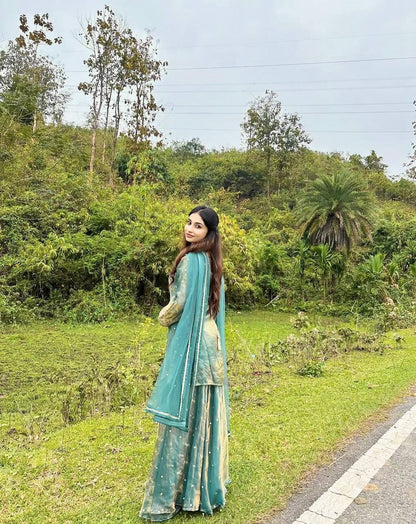 Sea Green Short Kurti with Scalloped Hem Embroidered Sharara Suit Set for Festive Wear