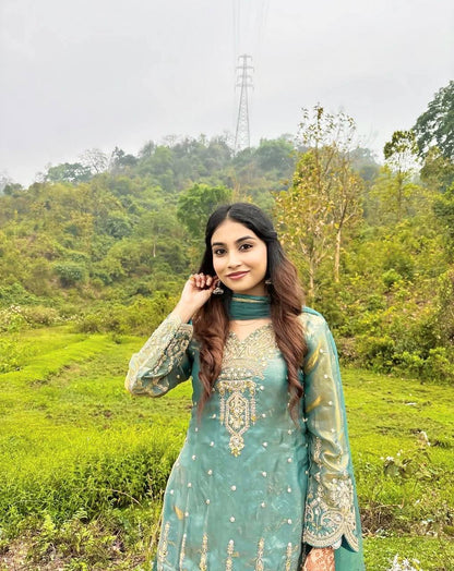 Sea Green Short Kurti with Scalloped Hem Embroidered Sharara Suit Set for Festive Wear
