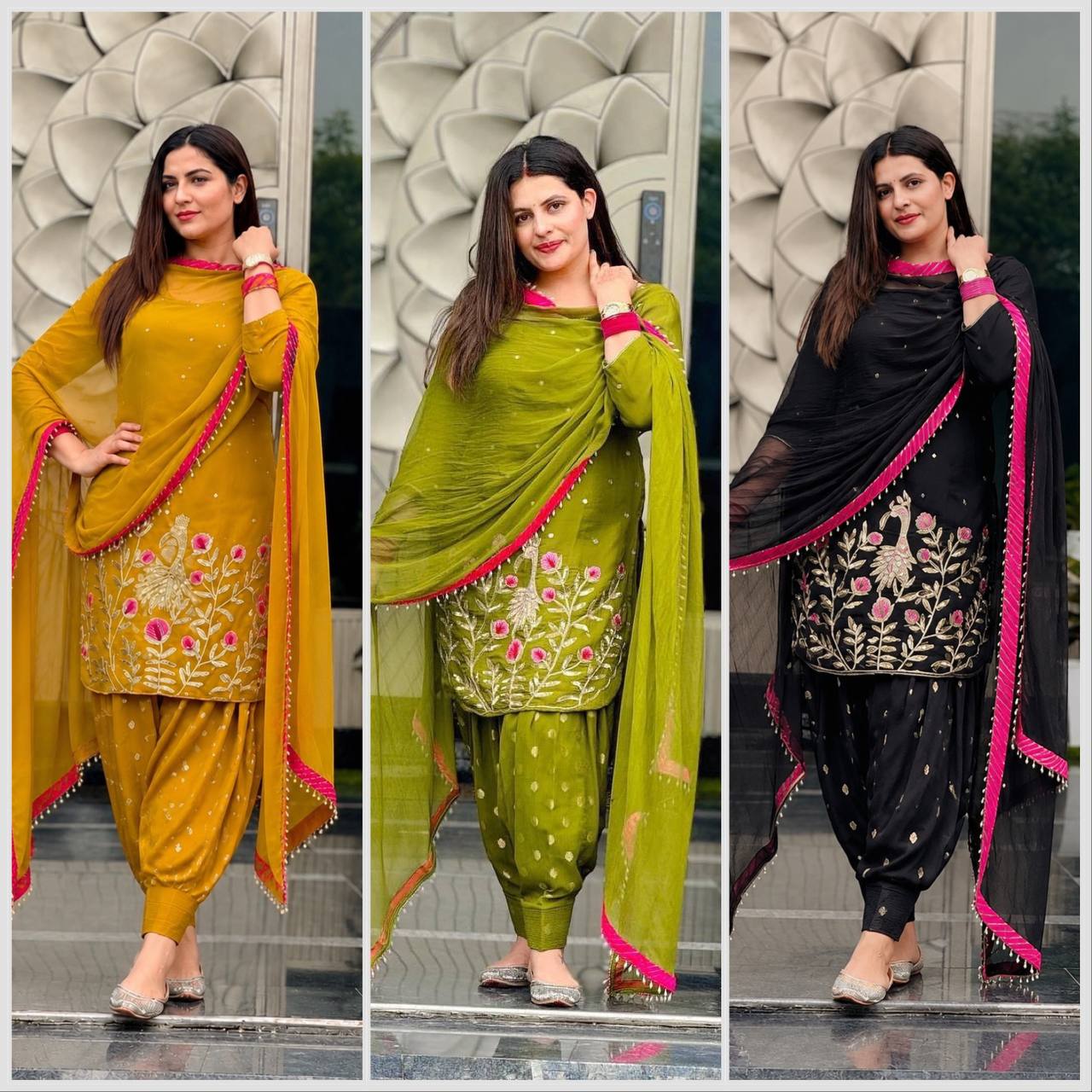 Festive Ethnic Punjabi Suit Set featuring Floral Zari Embroidery for Women