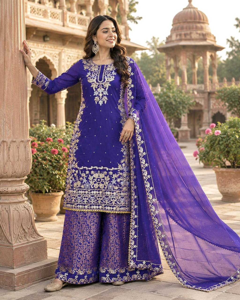 Regal Blue & Gold Jacquard Sharara Suit Set