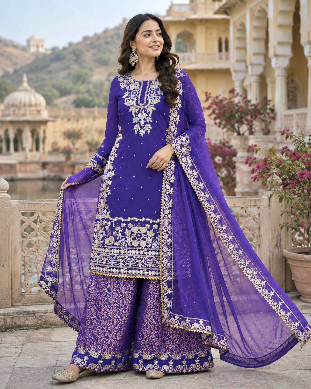 Regal Blue & Gold Jacquard Sharara Suit Set