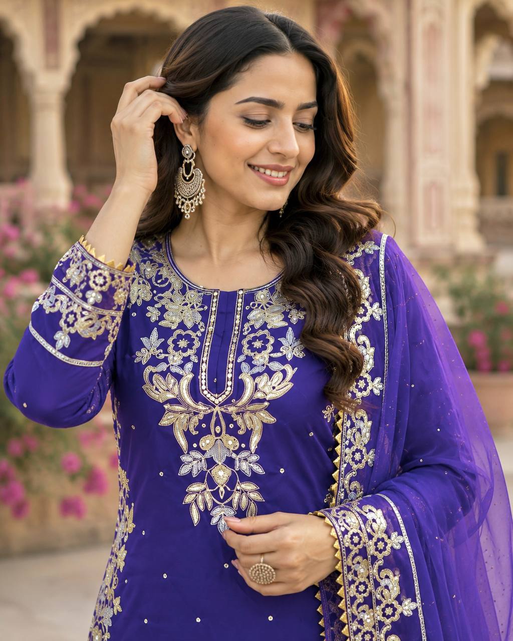 Regal Blue & Gold Jacquard Sharara Suit Set