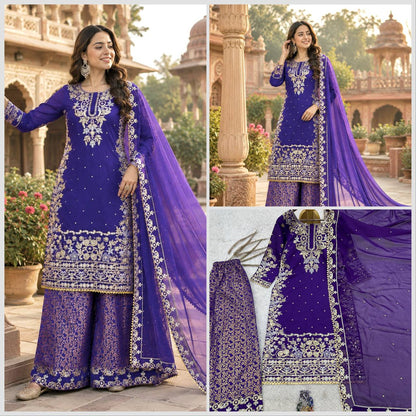 Regal Blue & Gold Jacquard Sharara Suit Set