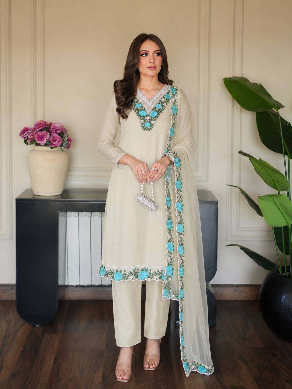 Women's Beige Straight Kurta Set with Turquoise Blue Floral Embroidery & Scalloped Dupatta
