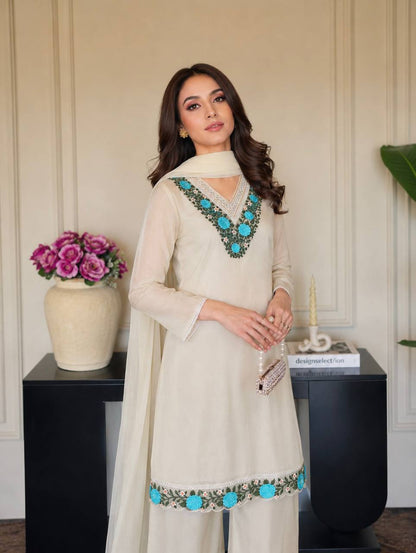 Women's Beige Straight Kurta Set with Turquoise Blue Floral Embroidery & Scalloped Dupatta