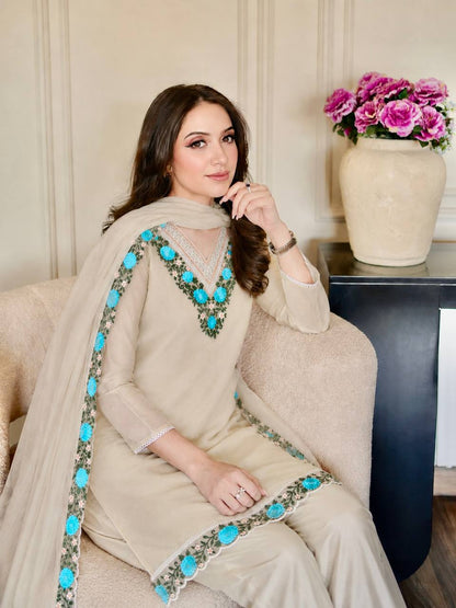 Women's Beige Straight Kurta Set with Turquoise Blue Floral Embroidery & Scalloped Dupatta
