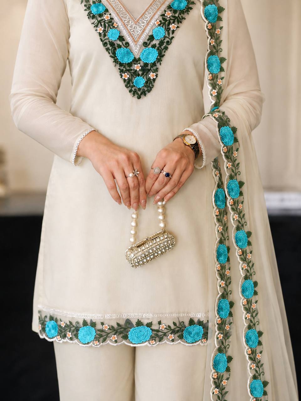 Women's Beige Straight Kurta Set with Turquoise Blue Floral Embroidery & Scalloped Dupatta