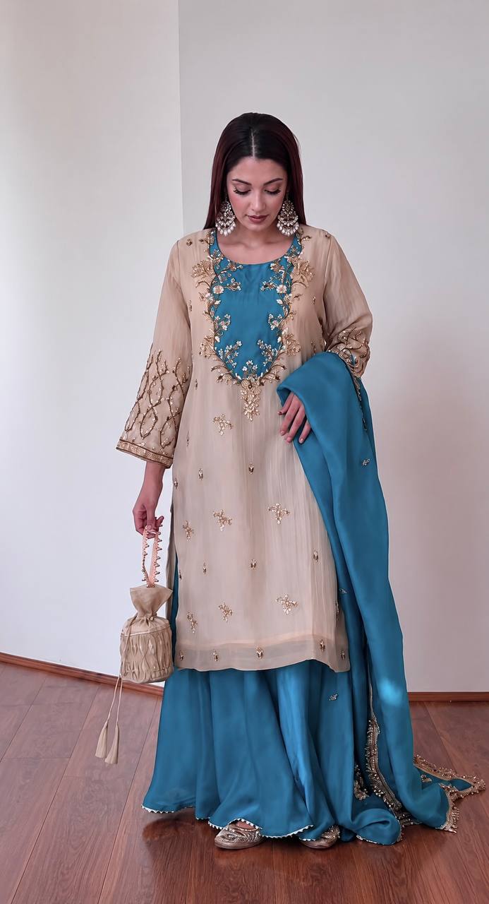 Women's Beige Silk Kurta with Contrast Embroidered Yoke, Flared Sharara & Dupatta Set (2 Colors)