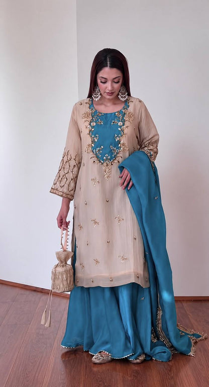 Women's Beige Silk Kurta with Contrast Embroidered Yoke, Flared Sharara & Dupatta Set (2 Colors)