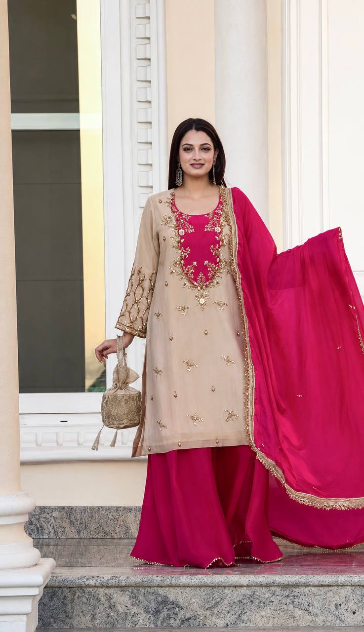 Women's Beige Silk Kurta with Contrast Embroidered Yoke, Flared Sharara & Dupatta Set (2 Colors)