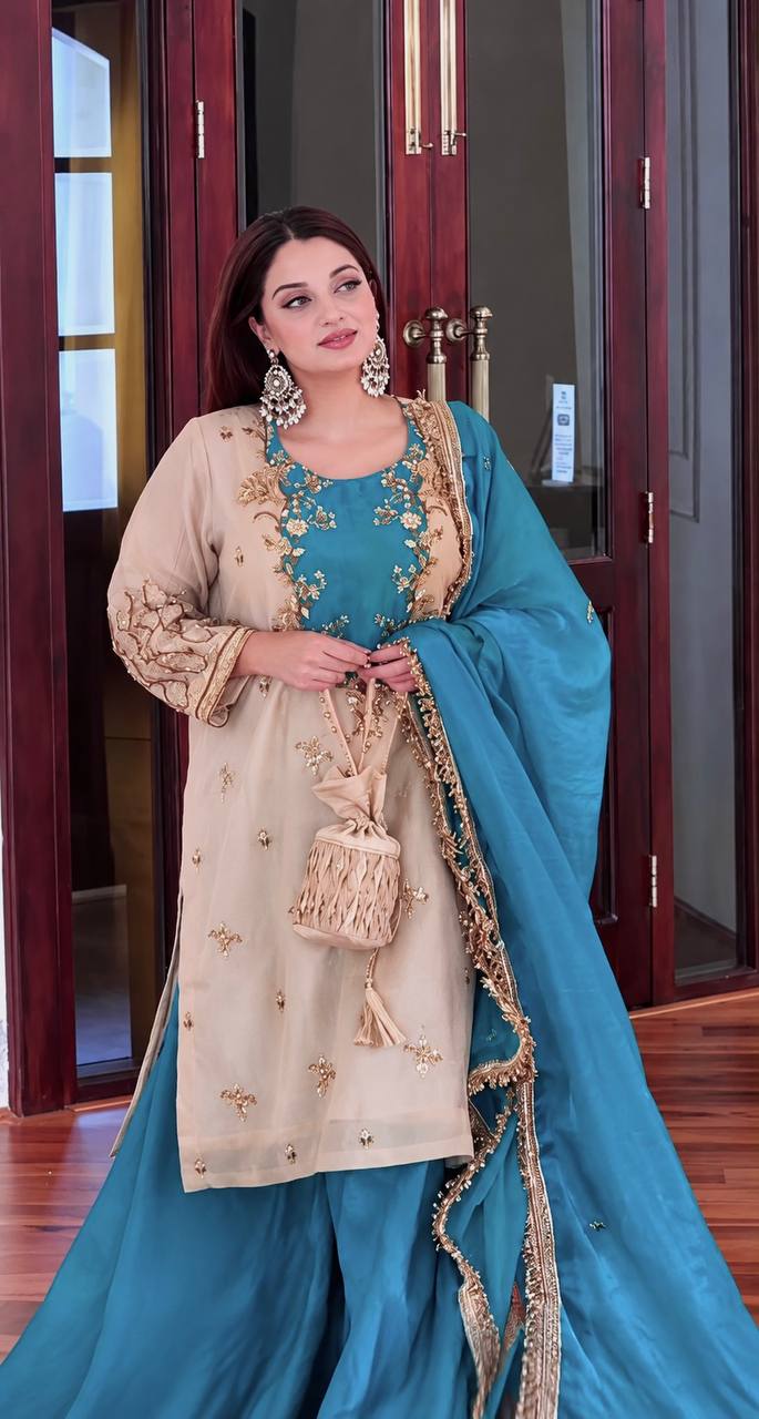 Women's Beige Silk Kurta with Contrast Embroidered Yoke, Flared Sharara & Dupatta Set (2 Colors)