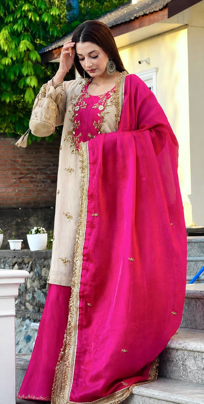 Women's Beige Silk Kurta with Contrast Embroidered Yoke, Flared Sharara & Dupatta Set (2 Colors)