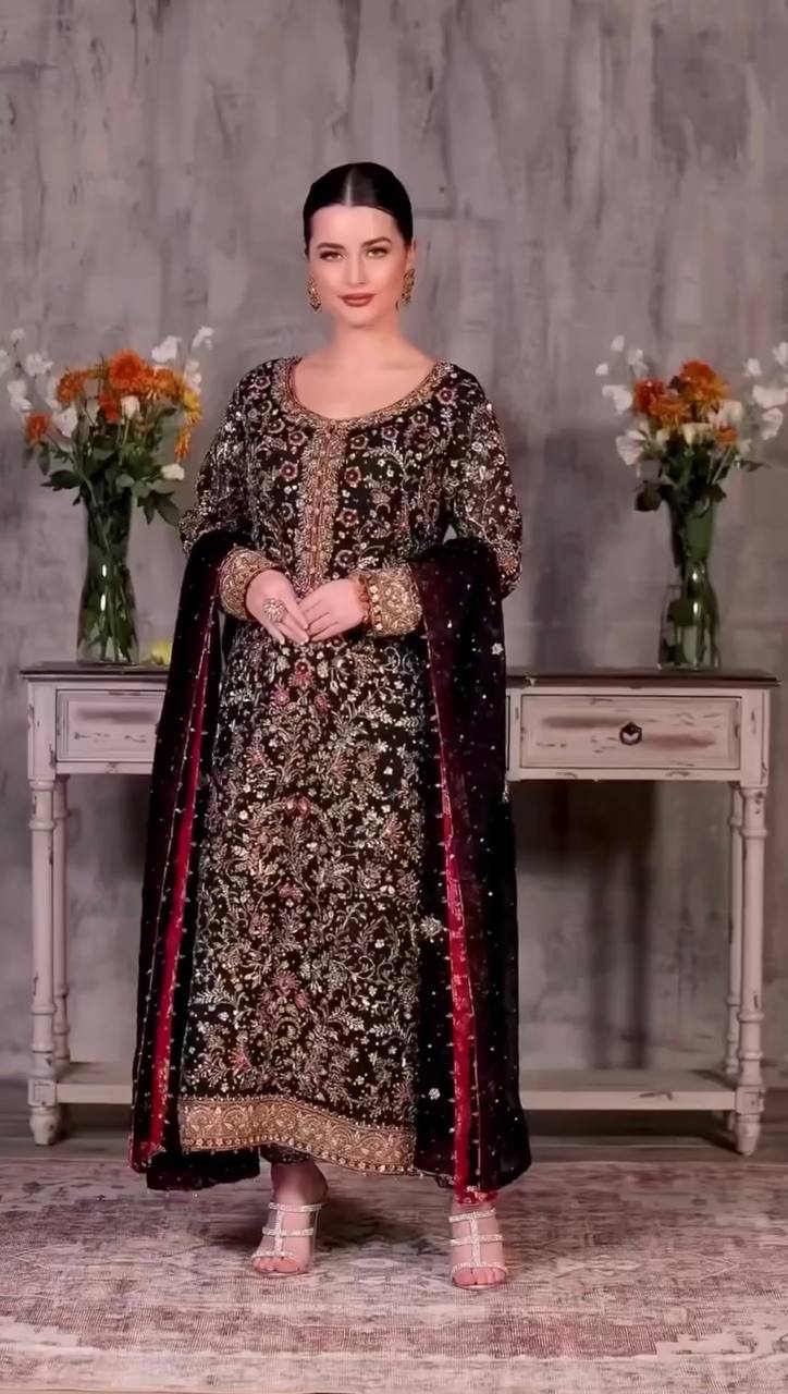 Vintage Zardozi Embellished Long Suit Ensemble with Contrast Dupatta