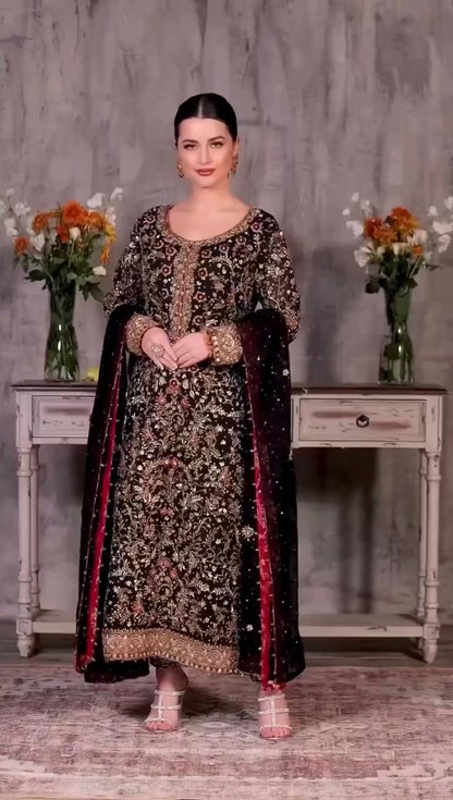 Vintage Zardozi Embellished Long Suit Ensemble with Contrast Dupatta