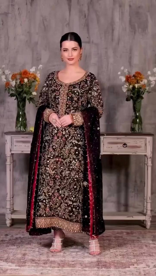 Vintage Zardozi Embellished Long Suit Ensemble with Contrast Dupatta