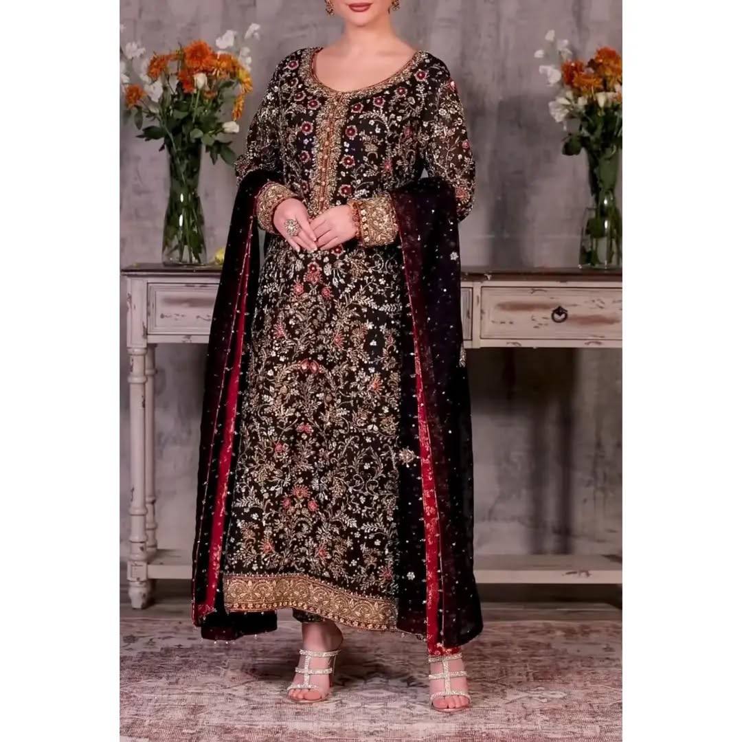 Vintage Zardozi Embellished Long Suit Ensemble with Contrast Dupatta