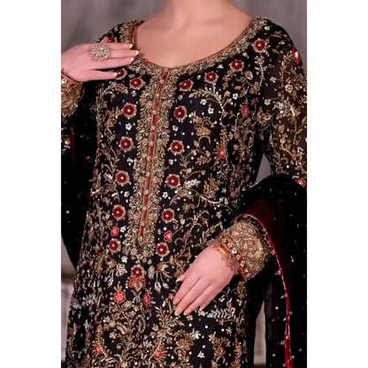 Vintage Zardozi Embellished Long Suit Ensemble with Contrast Dupatta