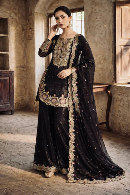 Scalloped Floral Embroidered Kurti & Sharara Set with Scallop Border Dupatta
