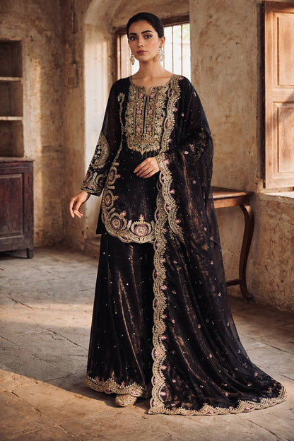 Scalloped Floral Embroidered Kurti & Sharara Set with Scallop Border Dupatta