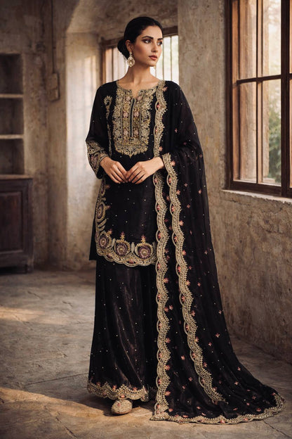 Scalloped Floral Embroidered Kurti & Sharara Set with Scallop Border Dupatta