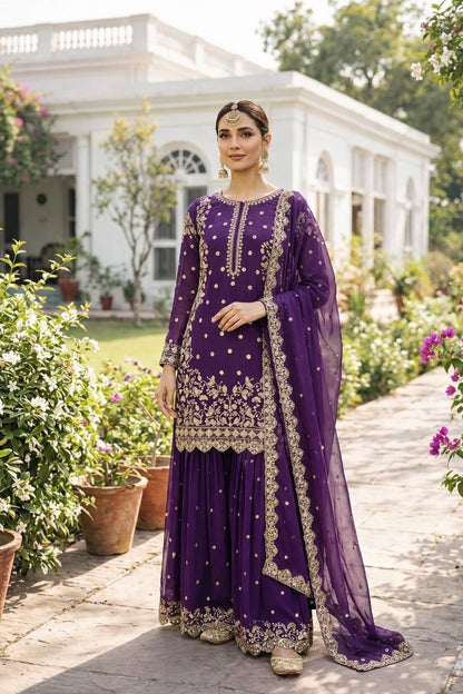 Trendy Designer Embroidery Sharara Suit Set (6 Color Variants Available)
