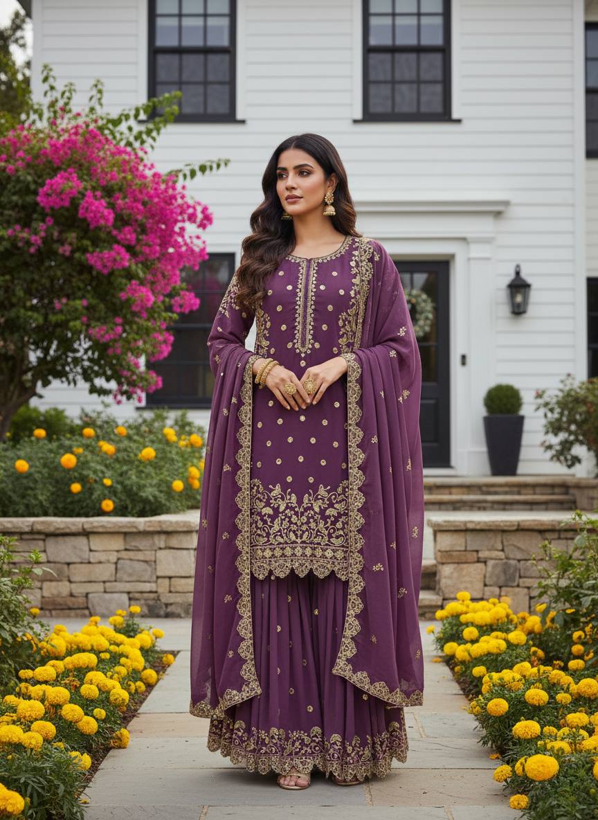 Trendy Designer Embroidery Sharara Suit Set (6 Color Variants Available)