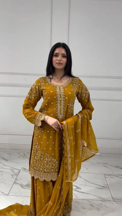Trendy Designer Embroidery Sharara Suit Set (6 Color Variants Available)