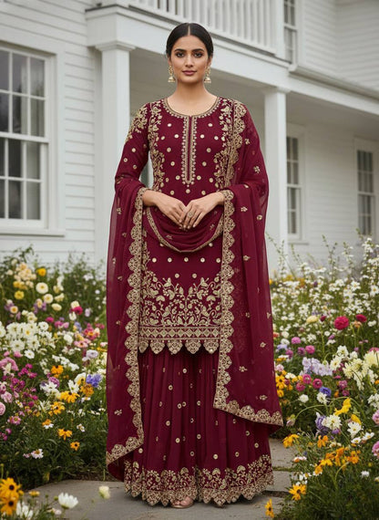 Trendy Designer Embroidery Sharara Suit Set (6 Color Variants Available)
